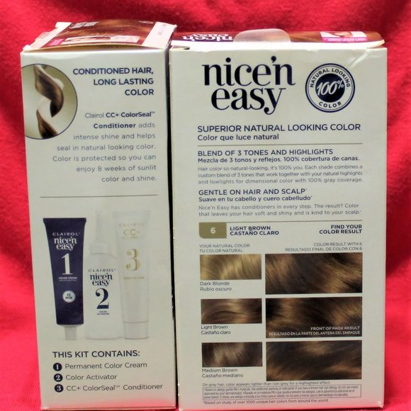 2 Pk Clairol Nice 'N Easy #6 LIGHT BROWN Hair Dye - New in Box - Old Packaging - Picture 2 of 2